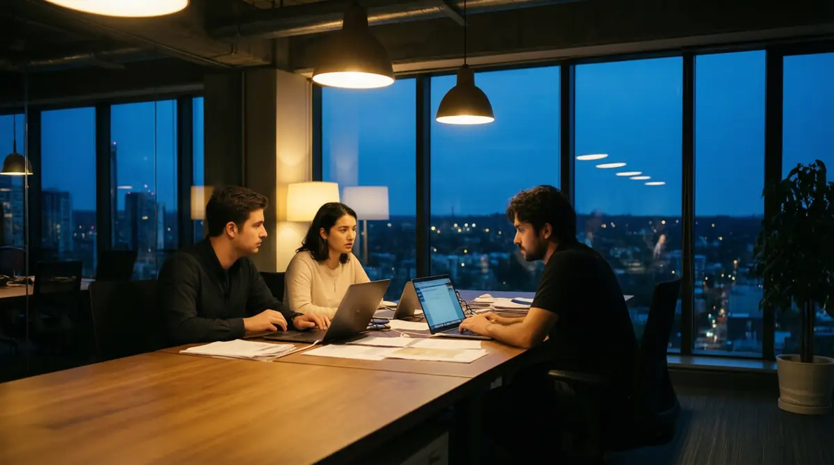 Three colleagues working around a table in an office at dusk.
