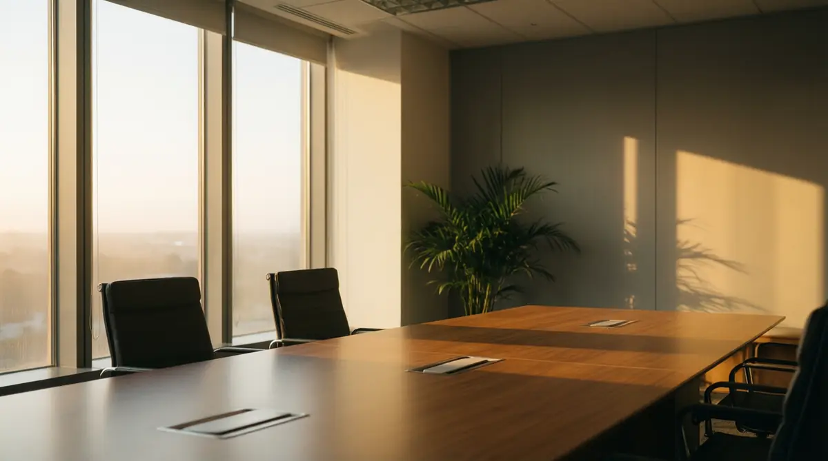 A calm, empty meeting room at sunrise.