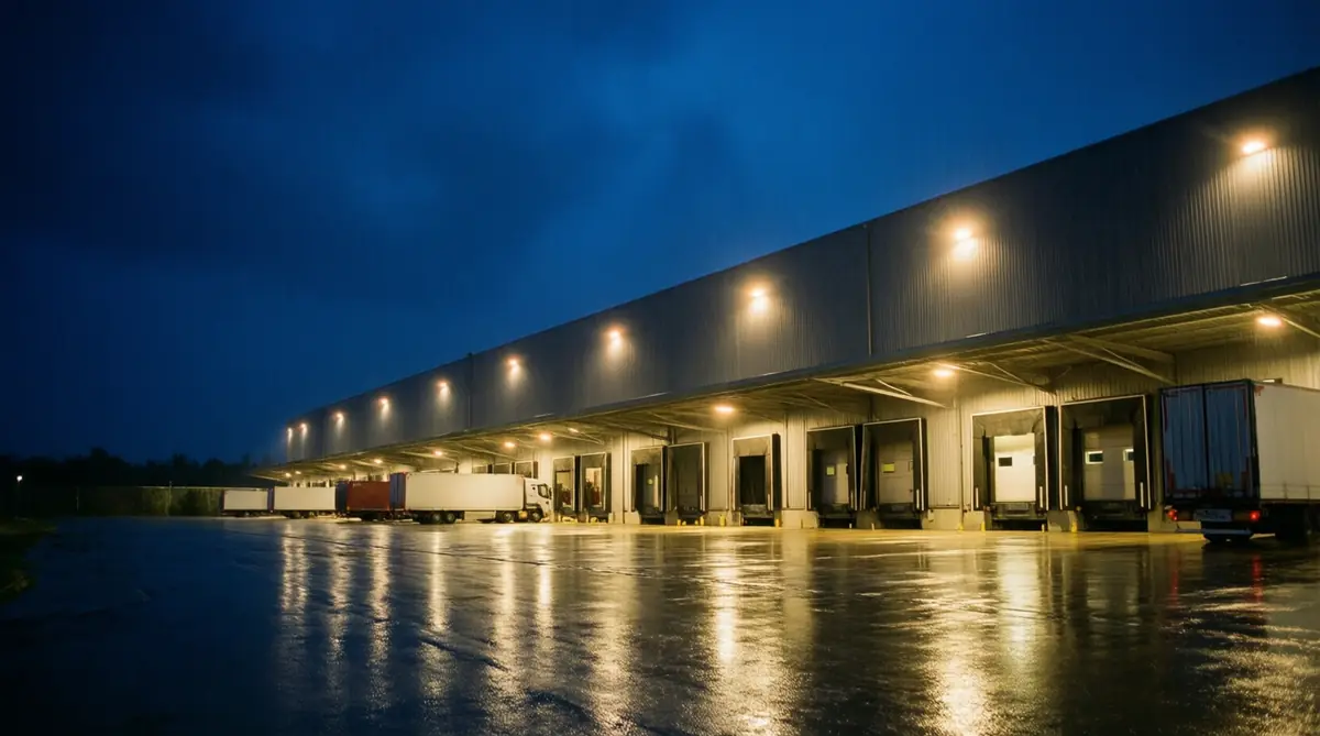 A logistics warehouse with illuminated loading docks at blue hour.
